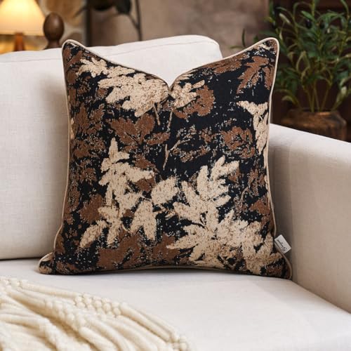 Yangest Neutral Leaf Pillow Cover 18 x18 Inches, Vintage Chenille Square Throw Pillow Cover Soft Leaves Nature Accent Couch Pillow Cover for Living Room Bedroom, Coffee Brown - color: Coffee Brown, size: 18" x 18" (Pack of 1)