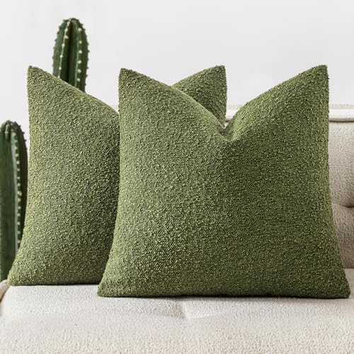 Pack of 2 18x18 Inch Decorative Boucle Throw Pillow Covers Textured Square Pillowcaes Accent Solid Cozy Soft Cushion Covers Home Decor for Sofa Couch Living Room Home Decor,Olive Green - color: Olive Green, size: 18" x 18" (Pack of 2)