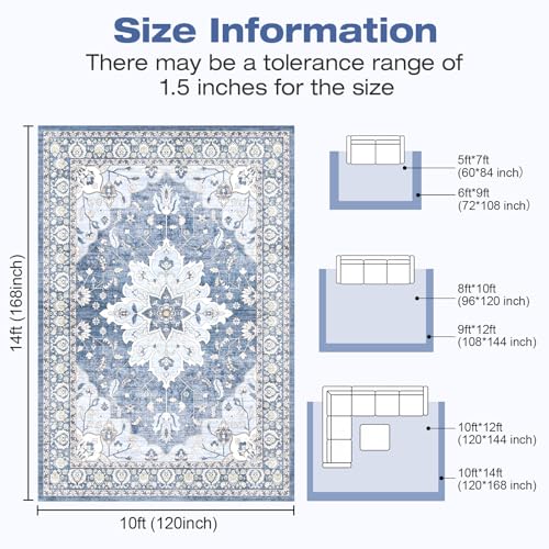 10x14 Area Rugs for Living Room, Machine Washable Boho Vintage Rug, Waterproof Surface & Non-Slip Backing, Foldable Soft Low Pile Floral Medallion Carpet for Bedroom Dining Room - color: Blue/Cream, size: 10' x 14' (Rectangular)