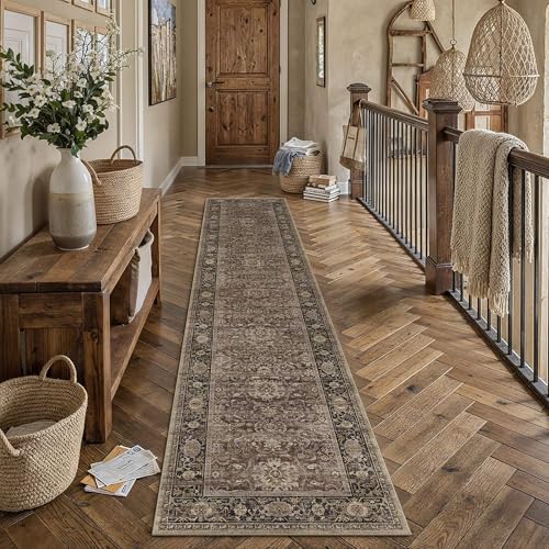 HUGEAR Brown Washable 2x10 Runner Rugs for Hallway Entryway Vintage Distressed Neutral Rug Carpet Durable Soft Non Slip & Shedding Stain Resistant Low Pile Indoor Home Decor - color: Retro | Brown, size: 2' x 10' (Runner)