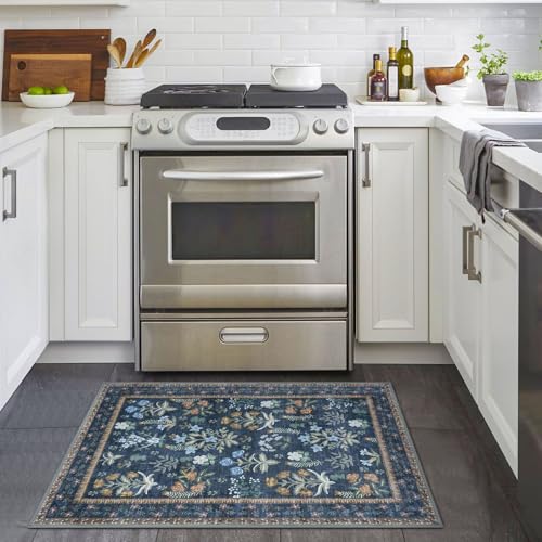 Lansny Washable Entryway Rug 2x3, Navy Floral Kitchen Rug, Super Thin Faux Wool Small Area Rug, Boho Non-Slip Soft Carpet for Foyer, Bedroom, Office - color: Navy, size: 2' x 3' (Rectangular)