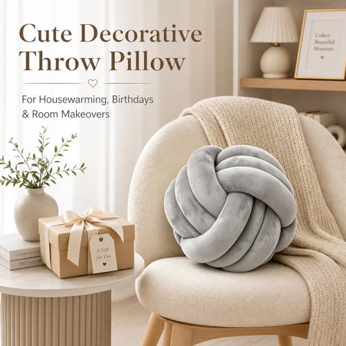 Petrella Knot Pillow, 8 Inch Light Gray Round Velvet Throw Pillow Ball Cushion, Machine Washable Soft Decorative Accent Pillow for Couch, Sofa, Bed, Home Decor - color: A1-light Gray, size: 8inch
