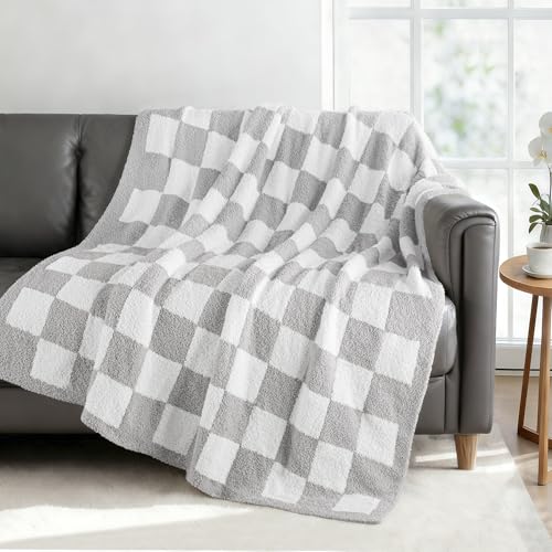Exclusivo Mezcla Checkered Knit Throw Blanket, Ultra Soft and Warm Reversible Woven Blankets, Cozy Snuggly Throw for Couch Bed and Home Decor, Light Grey, 50"x60" - color: Light Grey, size: Throw (50"x60")