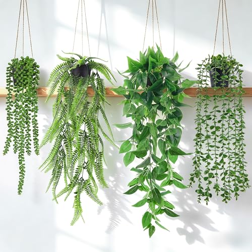 Der Rose 4Pcs Fake Plants Hanging Artificial Ivy Vine Faux Eucalyptus Hanging Plants, Boston Fern, String of Pearls for Living Room Aesthetic Bedroom Boho Kitche Wall Shelf Indoor Outdoor Decor - color: Black Pots-4pcs Green