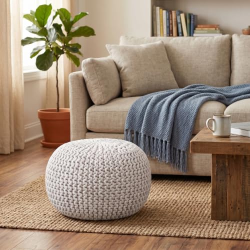 BIRDROCK HOME Round Pouf Ottoman Foot Rest - 18.5”x18.5”x15” Boho Compact Comfortable Soft Cotton Braided Foot Stool with Bean Bag Filling for Living Room, Bedroom, or Nursery (Ivory) - color: Cream