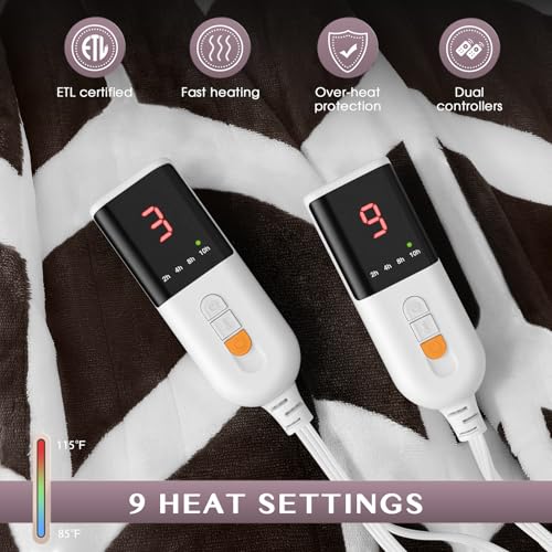VENTIMI Electric Blanket Queen, 84" x 90" Heated Blanket with 9 Heat Levels & 2-4-8-10 Hours Auto Off, Fast Heating Blanket with ETL & FCC Certification, Coffee - color: Coffee, size: Queen