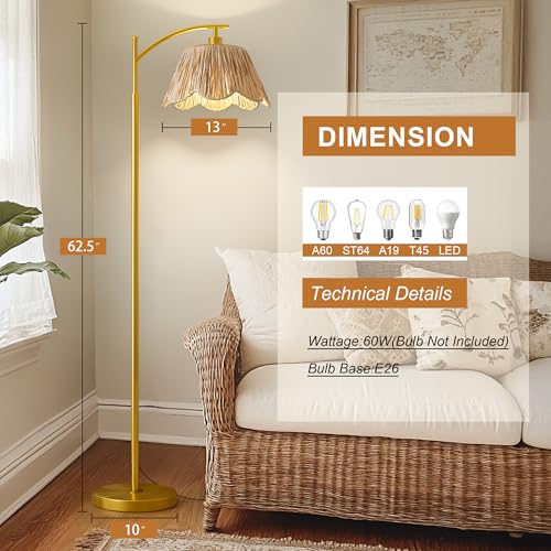 Oneach Arc Floor Lamp for Living Room,Rattan Boho Floor Lamp with Hand-Woven Shade, Foot Switch,Gold Metal Base & Pole,Farmhouse Standing Lamp for Bedroom Corner,Reading - color: Brushed Gold