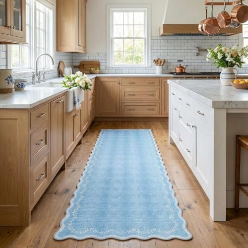 GarveeHome 2.6x10 Scalloped Washable Runner Rug for Kitchen, Soft Blue Long Hallway Runner Non Slip Entryway Rug Farmhouse Thin Laundry Mat Stain Resistant Carpet for Bathroom Beside Rug - color: Baby Blue, size: 2'6" x 10' (Rectangular)