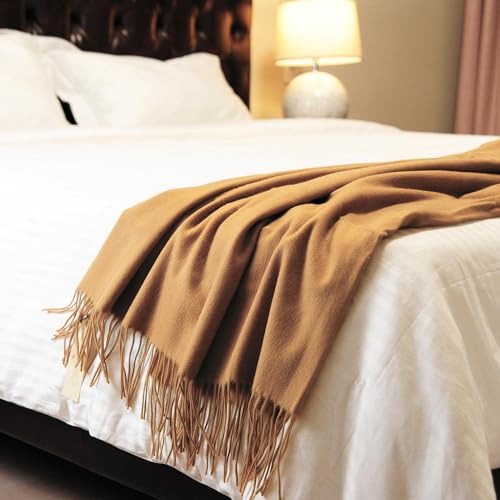 CUDDLE DREAMS Premium Cashmere Throw Blanket with Fringe, Luxuriously Soft (Camel) - color: Camel