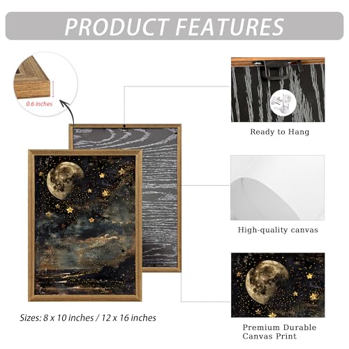 ICHZUMW Moon and Stars Celestial Canvas Wall Art, Mystical Moody Night Sky Poster Prints, Vintage Witchy Dark Academia Wall Decor, Framed Eclectic Gothic Home Decor for Desk Bedroom Bathroom, 12x16in - color: Moonlit Stars, size: 16"L x 12"W