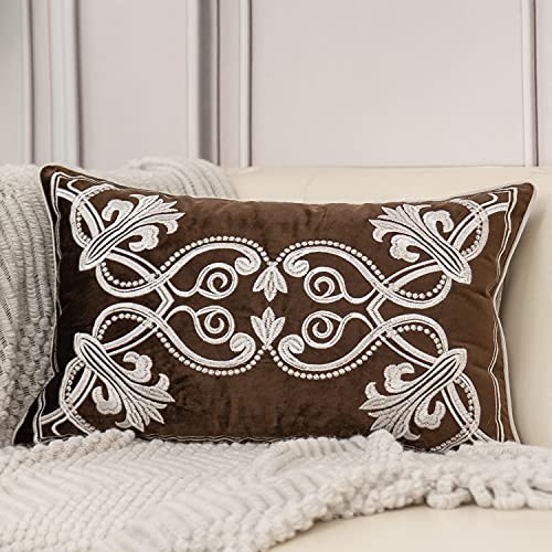 Aeckself European Floral Pillow Cover 12x20 Inch, Luxury Velvet Embroidered Decorative Lumbar Throw Pillow Cover for Couch Bedroom Living Room, Brown and White - color: Brown, size: 20" x 12" (Pack of 1)