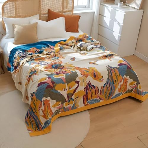 Boho Throw Blanket for Bed 100% Cotton Bohemian Blankets Ultra Soft Woven Muslin Decorative Blankets All Seasons Vintage Quilt Knitted Blanket for Sofa Chair(Yellow, 50"x60") - color: B-yellow, size: 50"x60"