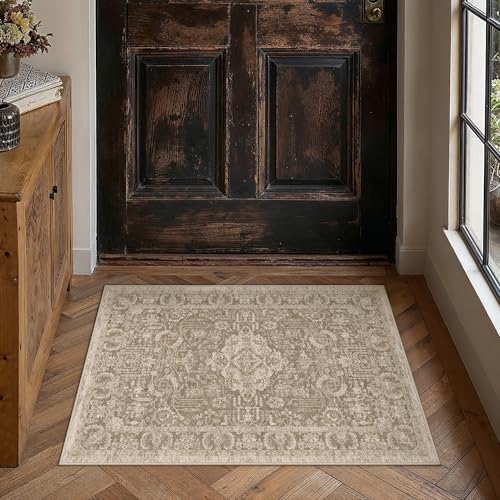HUGEAR 2x3 Entryway Rug Taupe Machine Washable Rug Small Area Rugs Room Decor Distressed Vintage Indoor Door Mat Low Pile Non Slip Carpet for Kitchen Living Bedroom Soft Lightweight - color: C| Taupe, size: 2' x 3' (Rectangular)
