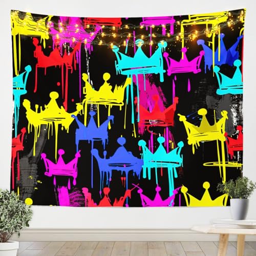 Manfei Graffiti Fashion Wall Blanket Tapestries Hand Draw Clourful Crown Pattern Tapestry Grunge Style Wall Hanging for Living Room Microfiber Home Wall Decoration, Small 51.2 x 59.1 Inches - color: WW8678, size: 59.1"L x 51.2"W