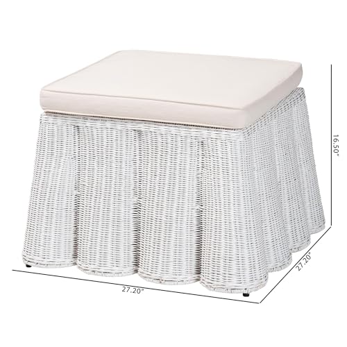 Bali & pari Palm Bohemian White Scallop Rattan Ottoman - color: White