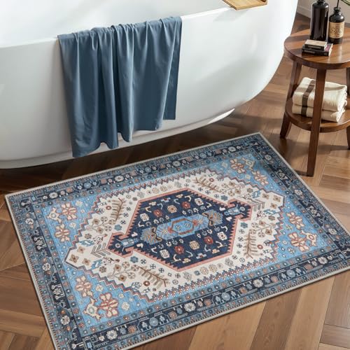Ciicool Small Area Rug, 2x3ft Boho Rug, Ultra Soft Entry Rugs for Entryway, Non-Slip Washable Oriental Low-Pile Indoor Mat Floor Carpet for Entrance Bedroom Kitchen Bathroom Foyer Decor - color: Blue/Beige, size: 2' X 3' (Rectangular)