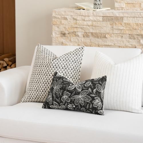 FIOUOVO Floral Throw Pillow Covers 12x20 Set of 2 Farmhouse Pillow Covers Vintage Neutral Accent Pillowcases Decorative Cushion Covers for Sofa Couch Living Room Bedroom Home Decor, Charcoal Black - color: Charcoal Black, size: 20" x 12" (Pack of 2)