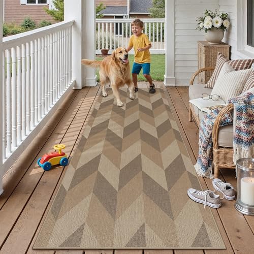 2.6x8 Easy Jute Runner Rug Washable Brown Checkered Hallway Outdoor Rug for Patio Lightweight Non Slip No Sheding Carpet Entryway Bathroom Backyard Porch Kitchen - color: Checkered | Brown, size: 2.6'x8'