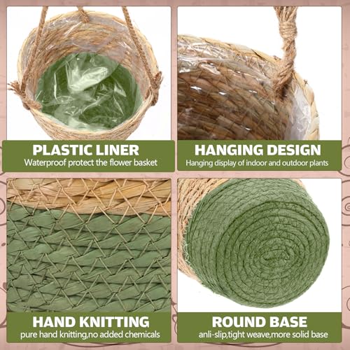 6 Pcs Seagrass Hanging Planter Basket Hand Woven Plant Basket with Plastic Liners Hanging Plant Holder Storage Containers with Cotton Rope for Indoor Garden Decor (Small,Brown,Green) - color: Brown, Green, size: Small