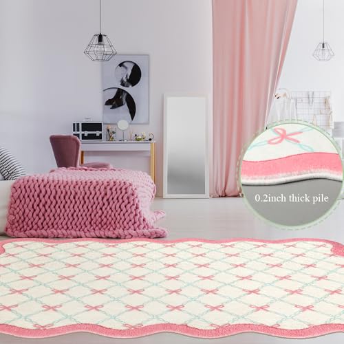 Drydiet Rug Boho Area Rugs 4'x6' Cute Sweet Scalloped Throw Rugs Aesthetic Soft Bedroom Carpet for Living Room Dining Playroom Nursery Family Indoor Dorm(Pink Bow) - style: Pink Bow