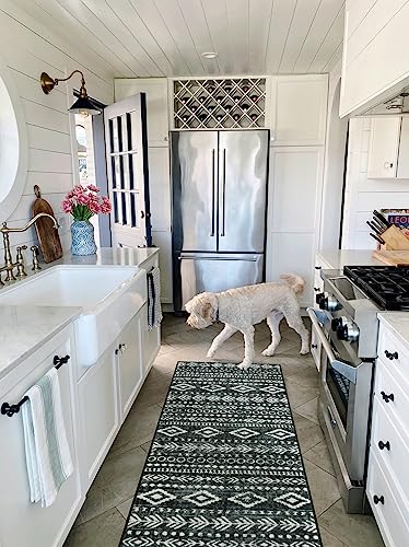 Lahome Moroccan Washable Hallway Runner Rug 2x6, Vintage Black Boho Kitchen Runner Rug Non Slip, Low Pile Soft Farmhouse Tribal Print Carpet Runner for Hallways Entryway Bathroom Laundry Varena - color: Black/White, size: 2' x 6'