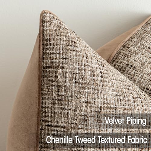 a moment Brown Reversible Pillow Covers 2 Pack - Farmhouse Chenille Velvet Throw Pillows, Neutral Textured Decorative Throw Pillow Covers with Border for Couch Sofa Bed (22x22 Inch, No Insert) - color: Brown, size: 22" x 22" (Pack of 2)