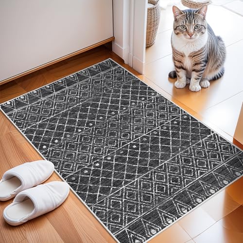 Black Moroccan 2x3 Entryway Small Area Rug | Machine Washable Low Pile Thin Non Slip Indoor Carpet, Pet Friendly, Fits Front Door, Farmhouse Decor for Kitchen, Bedroom - color: Black, size: 2' x 3' (Rectangular)