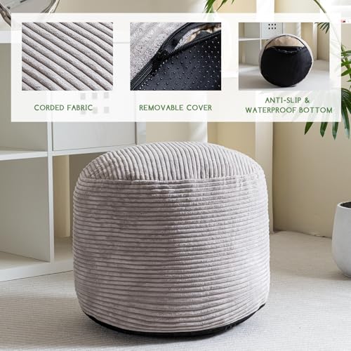 HIGOGOGO Round Stuffed Pouf Ottoman, Corduroy Poufs with Foam Chunk Filling, Furry and Fluffy Pouf Foot Stool Storage Ottoman, 20 X 15 Floor Poufs Foot Rest for Living Room, Grey - color: Grey, size: 20"D x 20"W x 15"H