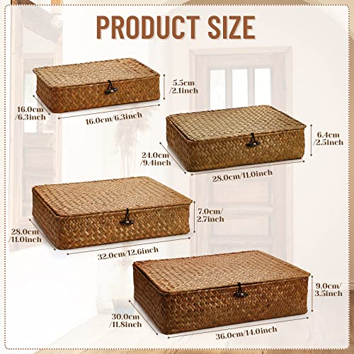 Didaey Set of 4 Seagrass Basket with Lid Wicker Storage Basket Decorative Storage Boxes with Lids Flat Storage Bins Woven Organizer Baskets for Shelf Closet Bedroom, 4 Sizes (Brown) - color: Brown
