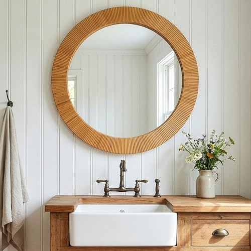 Round Rattan Wall Mirror for Bathroom 24 Inch Decorative Boho Circle Wicker Mirror Farmhouse Nature Wood Frame Woven Mirror for Bedroom Living Room Entryway - size: 24"L x 24"W
