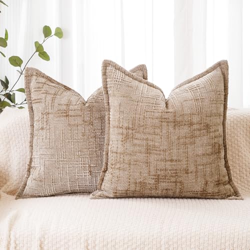 HPUK Fall Chenille Soft Throw Pillow Covers 18x18 Set of 2, Accent Cushion Covers for Living Room, Bedroom, Decorative Solid Color Pillow Covers for Couch, Sofa, Chair, Light Brown - color: Chenille-light Brown, size: 18" x 18" (Pack of 2)