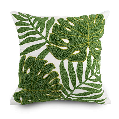 Embroidery Throw Pillow Covers 18x18 Home Decor Loop Tropical Green Leave Floor Pillow Cover for Couch 100% Cotton Canvas Cushion Cover Pillow Case Plant Monstera Leaf 45x45, 1 Piece - color: Green Monstera Leaves