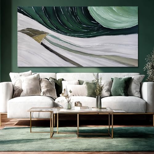 MLART99 Large Abstract Wave Painting Green and White Modern Canvas Wall Art Painted Line Texture for Bedroom Living Room Home Decor 29x58 Inch - color: Green and White, size: 58"L x 29"W
