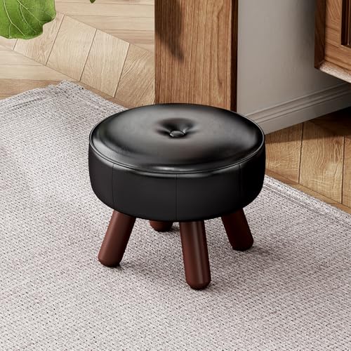 oakvivo 13in Small Foot Stool Ottoman, Round Faux Leather Foot Rest, Footstool Ottomans with Rubber Legs Under Desk, Footrest for Couch, Living Room, Bedroom, Office, 13''L x 13''W x 10.2''H, Black - color: Black