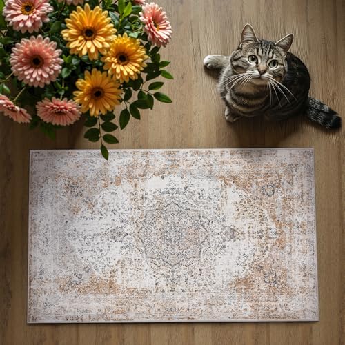 jinchan Area Rug 2x3 Washable Door Mat Vintage Distressed Rug Doormat Indoor Entrance Thin Traditional Floral Lightweight Non Slip Carpet for Kitchen Bedroom Living Room Taupe - color: Vintage Taupe, size: 2' x 3' (Rectangular)
