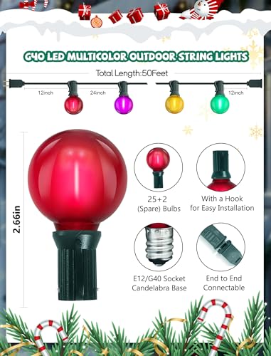 50Ft G40 LED Multicolor Christmas Lights Outdoor, Shatterproof Frosted Globe String Lights with 27 Ceramic Bulbs(2 Spare), Waterproof Hanging Patio Lights for Bistro Porch Party Holiday Decorations - color: Frosted Multicoloured-Green, size: 50FT