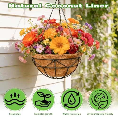 2 Pack 12 Inch Black Metal Hanging Basket Hanging Planter with Coco Coir Liner Heavy Duty Hanging Flower Pot Holder for Indoor Outdoor Patio Garden Porch Balcony Decor (Geometric) - color: Geometric