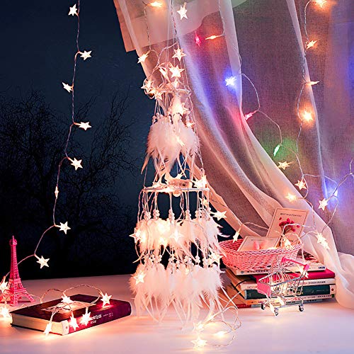 Dremisland Double Circle White Feather Dream Catcher with Mobile LED Fairy Lights Wall Hanging Ornaments Ceiling Decor for Bedroom Decor Wedding Decorations Boho Chic Party Nursery Decor