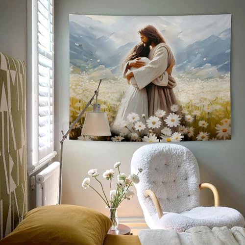 AQYIP Jesus Hugs Woman Christian Tapestry, Daisy Flower Field Jesus Tapestry Decorative, Christian Room Decor, Religious Wall Tapestries Blanket Decor for Home Office Church, 50x60 Inch - color: jesus