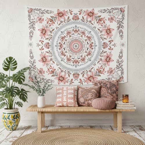 Motanber Pink Floral Tapestry Wall Hanging Boho Mandala Medallion Tapestry Aesthetic Watercolor Flower Cute Small Tapestries for Bedroom Living Room Dorm Decor 48 x 36 Inch - color: Light Pink, size: 48"L x 36"W
