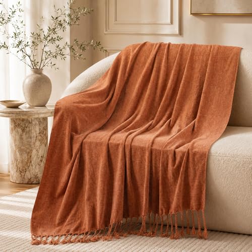 BATTILO HOME Caramel Chenille Throw Blanket for Couch, Soft Cozy Knitted Throw with Tassels, Lightweight Orange Rust Blanket for Fall Decor Bed Sofa Living Room, 50"x60" - color: Caramel