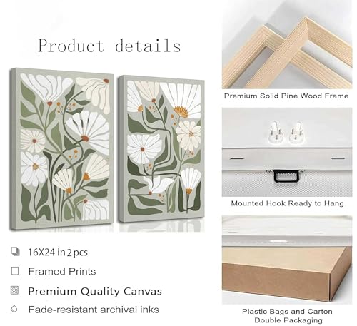 2 Pcs Boho Wildflowers Canvas Wall Art Green Bohemia Abstract Floral Botanical Painting Picture Wall Decor Poster Print Artwork for Living Room Bedroom Bathroom Home Decoration - color: Canvas, size: 16x24in