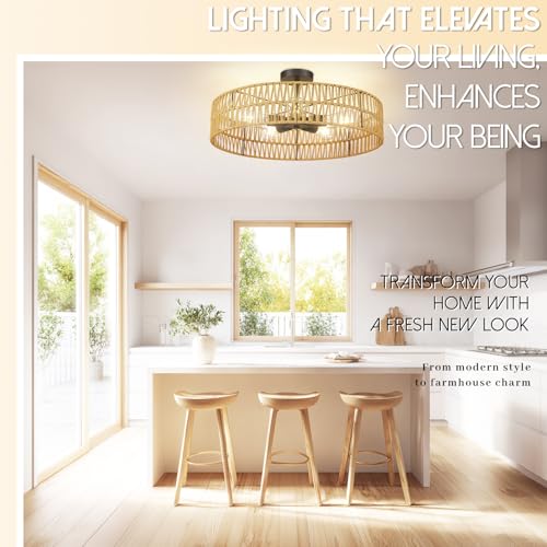 Hamilyeah 24 inch Rattan Boho Flush Mount Ceiling Light Fixture with 5 Light,Woven Light Fixtures Ceiling Mount for Living Room, Bedroom, Kitchen - color: 24INCH Black Semi Ceiling Light