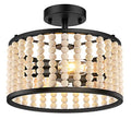 Farmhouse Boho Light Fixture - Wood Beaded Chandelier, Rustic Semi Flush Mount Ceiling Light, Black 2-Light Nursery Light Fixture for Kitchen Island Foyer Hallway Bedroom Living Room, E26 Base - color: Black Chandelier