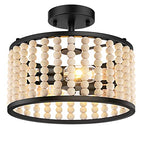 Farmhouse Boho Light Fixture - Wood Beaded Chandelier, Rustic Semi Flush Mount Ceiling Light, Black 2-Light Nursery Light Fixture for Kitchen Island Foyer Hallway Bedroom Living Room, E26 Base - color: Black Chandelier