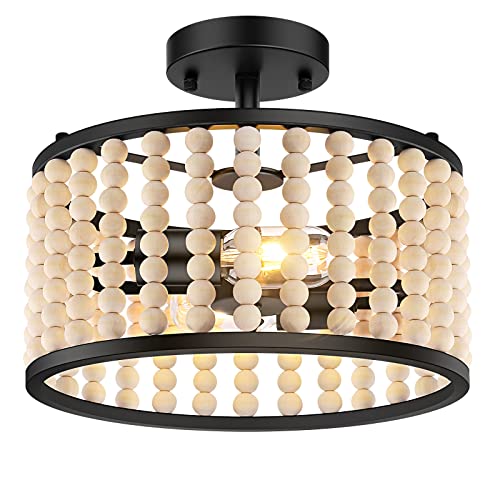 Farmhouse Boho Light Fixture - Wood Beaded Chandelier, Rustic Semi Flush Mount Ceiling Light, Black 2-Light Nursery Light Fixture for Kitchen Island Foyer Hallway Bedroom Living Room, E26 Base - color: Black Chandelier
