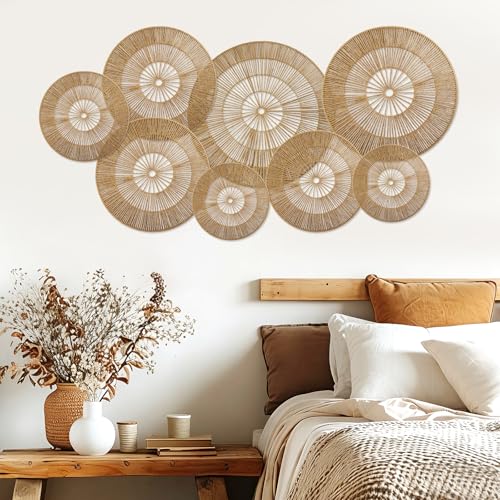 YIYA Set of 8 Boho Wall Decoration Jute Wall Decor Baskets Round Hand Woven Wicker Rattan Wall Art for Living Room Farmhouse Bedroom Nursery