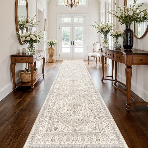 3x16 Runner Rug for Hallway Washable: Non Slip Kitchen Rugs with Rubber Backing Soft Waterproof Mats Stain Resistant Indoor Vintage Carpet Runner for Bedroom Bathroom Laundry Entryway Beige/Gray - color: Beige/Gray, size: 3' x 16' (Rectangular)