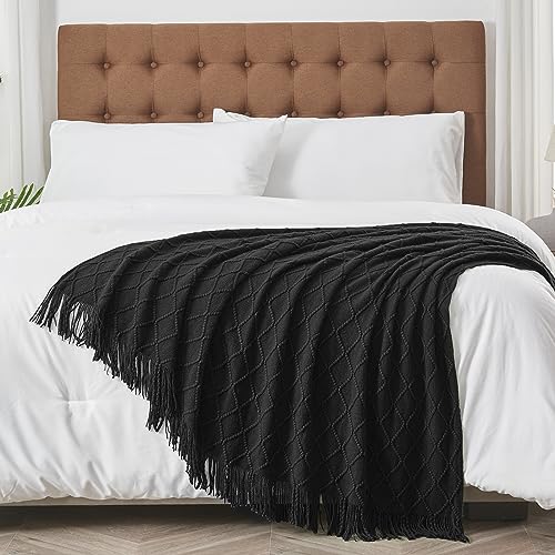 inhand Knitted Throw Blankets for Couch and Bed, Soft Cozy Knit Blanket with Tassel, Black Lightweight Decorative Blankets and Throws, Farmhouse Warm Woven Blanket for Men and Women, 50"x60" - color: Black, size: 50"x60"