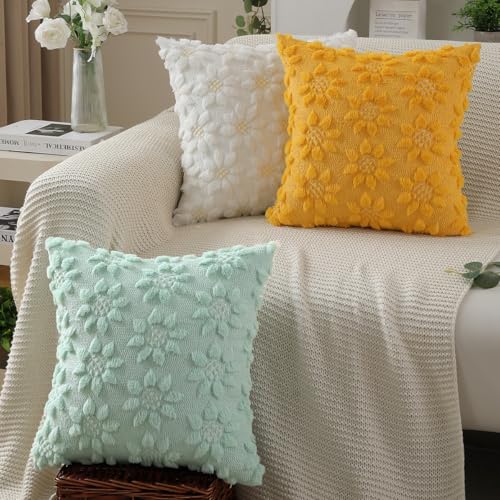 DFXSZ Spring Summer Pillow Covers 18x18 inch Set of 2 Farmhouse Decor White Flower Heart Sunflower Green Soft Plush Faux Fur Jacquard Throw Pillows for Sofa Holiday Spring Home Decor PTK024F18 - color: Green, size: 18" x 18" (Pack of 2)